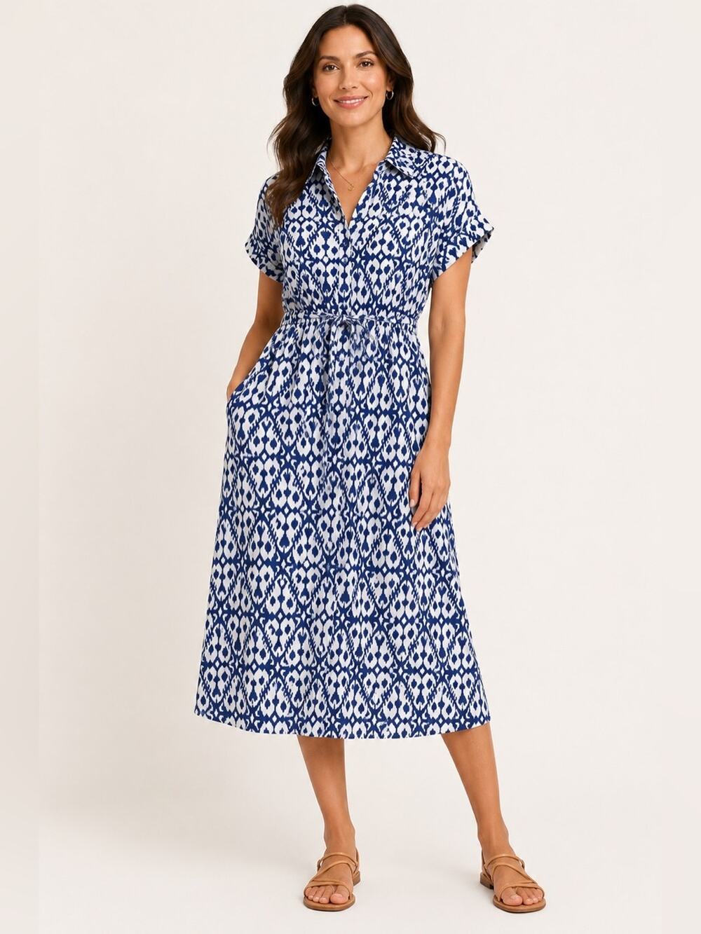 Badgley Mischka Shirt Dress NWT Size Large Blue White Linen Feel